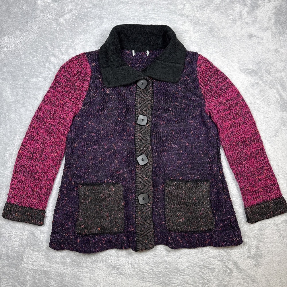 Vintage Laura Ashley Cardigan Women M Purple Colorblock Big‎ Button Grandma